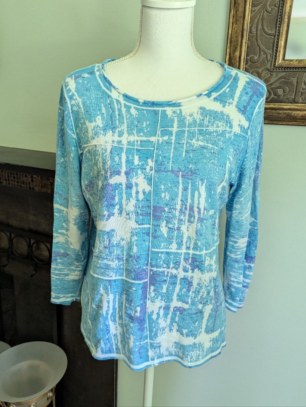 Habitat Women's Small 3/4 Sleeve Soft Pullover Bleach Splatter Look Blue Art Top